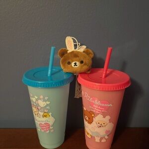Tumbler Cups with Plush Charms - Blue and Pink Rilakkuma NEW Bundle of 3